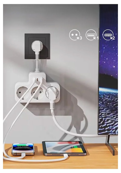 Çoklu Kablolu Priz-priz Çoğaltıcı 1usb-2typec Beyaz
