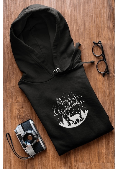Marry Christmas Geyikli Yeni Yıl Kapşonlu Sweatshirt 001
