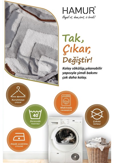 Yıkanabilir Puf Tabure Kılıfı Tak-Çıkar-Değiştir-Yenile Orta Sehpa Kılıfı By Line Gri