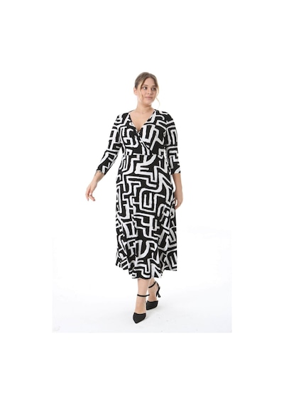 Mooi Xxl Kadın Siyah Beyaz Batik Geometrik Desen Uzun Kol Kruvaze Yaka Büyük Beden Maxi Elbise Siyah