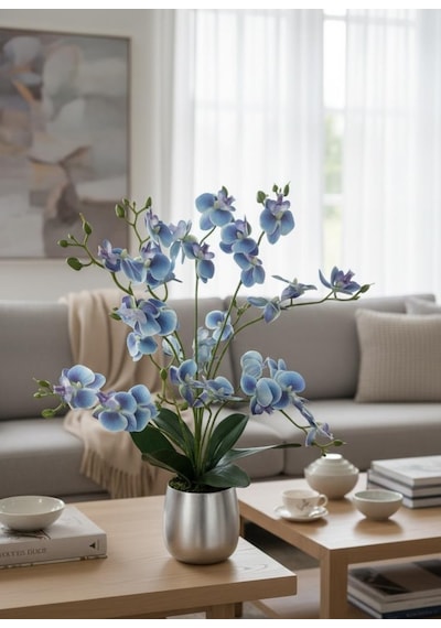 Yapay Çiçek Mavi 9 Dallı Islak Orkide Gümüş Metal Saksıda Saksıda Orkide 60cm Mavi