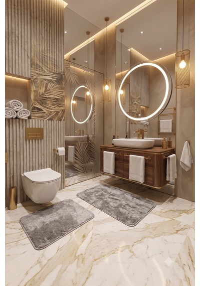 2'li Peluş Post Banyo Halısı Klozet Takımı Kaymaz Taban Yıkanabilir Banyo Paspası Gri Gri