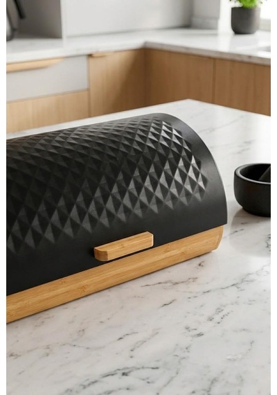 Bambu Gövdeli Siyah Pane Ekmek Dolabı 38x25x18.5 Cm - Mekanizmalı Metal Kapaklı Ekmeklik