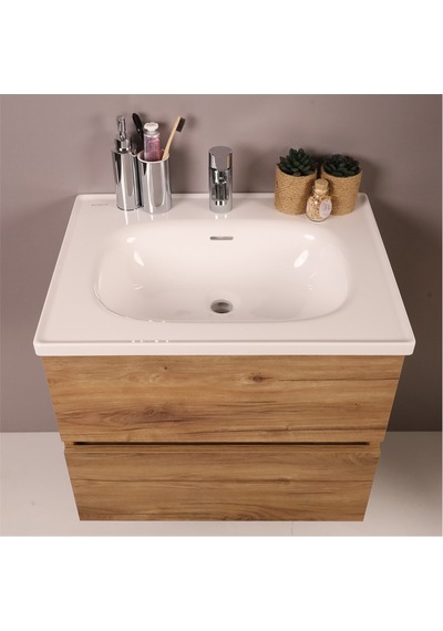 Kobos Simple 60 Cm Çekmeceli Banyo Dolabı Seti Light Walnut Ahşap Kobos Simple 60 Cm Çekmeceli Banyo Dolabı Seti Light Walnut Ahşap