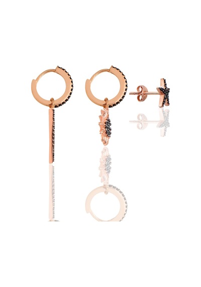 Gümüş Rose Onix Taşlı Piramit Kombin Üçlü Küpe Seti Barcode Gold - Rose Gold - Rodyum