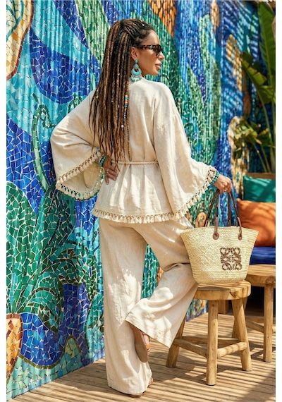 Kalın Denizci Halat Kemerli Ponponlu Geniş İspanyol Flair Kol Doğal Keten Bohem Kaftan Kimono Ekru Kalın Denizci Halat Kemerli Ponponlu Geniş İspanyol Flair Kol Doğal Keten Bohem Kaftan Kimono Ekru