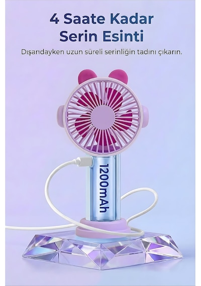 Şarjlı Taşınabilir Sevimli Kulak Tasarımlı Mini Fan 3 Kademeli Hız Telefon Standlı Vantilatör Mor