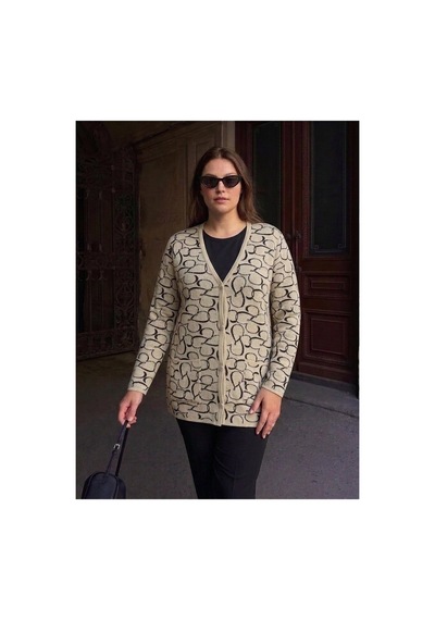 Onno Style Women Kalp Desenli Klasik Triko Düğmeli Ceket Taş