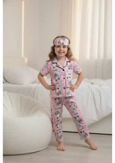Lillypicca Soft Renkli Desenli Bambu Önden Düğmeli Göz Bantlı Kısa Kol Pijama Takımı 8022 Pembe