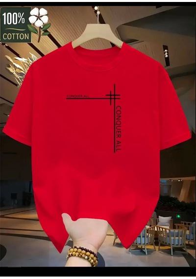 Medinenur Conquer All Yazı Baskılı Basic T-shirt Kırmızı