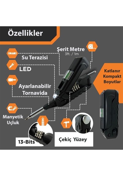 Kingsdun 13 İ 1 Arada Metreli Ve Terazili Çok Amaçli Ledli Tornavida Seti Ks-870017