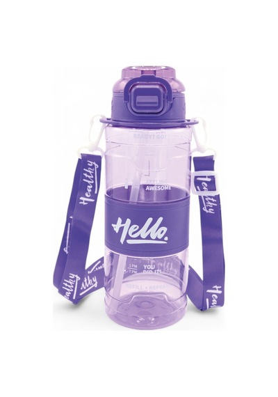 Hello Pipetli Suluk - Günlük Spor Su Şişesi - Renkli Boyun Askılı Okul Çocuk Suluğu 800 Ml Mor