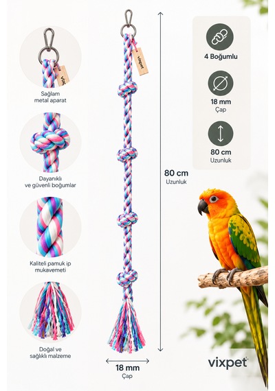 Vixpet Papağan Tırmanma Halatı Çok Renkli 80 Cm Çap 18 Mm L Kafes Oyuncağı Stres Ipi Pamuk Halat Sultan, Konur, Monk, Lori, Forpus