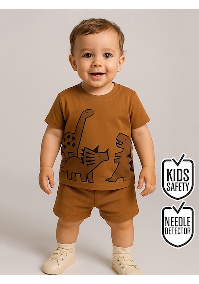 Denokids Dinozor Erkek Bebek T-shirt Kaşkorse Şort Takım Çok Renkli