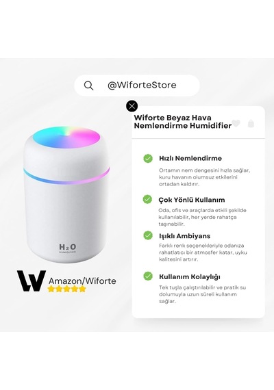 Wiforte Beyaz Hava Nemlendirme Humidifier Ortam, Oda Ve Araç İçin Buhar Makinesi, Işıklı Nemlendirici Sprey Y
