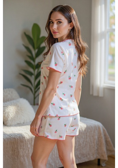 Bella Notte Ekru Çiçek Baskılı Pamuklu Şortlu Pijama Takımı