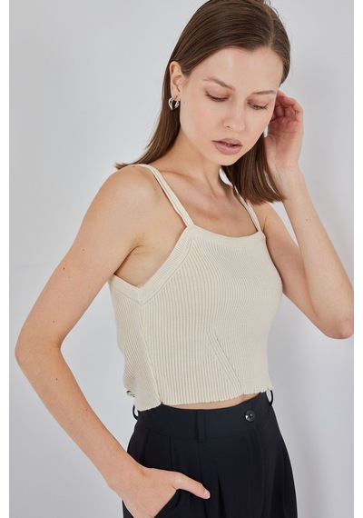 Hiccup Bdart Kare Yaka Ribana Örgü Crop Top Krem Doğal