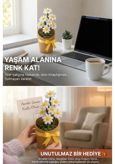 Beyaz Papatya Şönil Çiçek Yapım Kiti - Kendin Yap Hobi Seti Dıy Çiçek Kiti