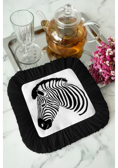 Zebra Çizgili Şık Saçaklı Sunum Peçetesi - Siyah Beyaz Safari Etnik Desenli Kahve Sunum Mendili Gece Koyu Taba
