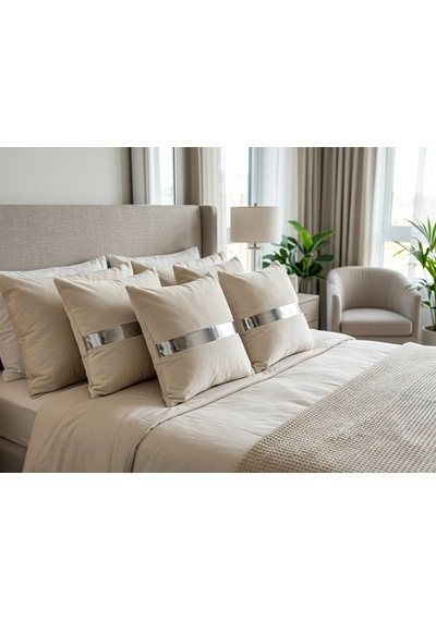 Venüs 02 Gümüş Şeritli 4'lü Krem Renk Kırlent Kılıfı Seti Dekoratif Lüks Ve Modern Tasarım Yastık Kılıfı Salon Oturma Odası Teras Balkon Yatak Odası Krem Renkli