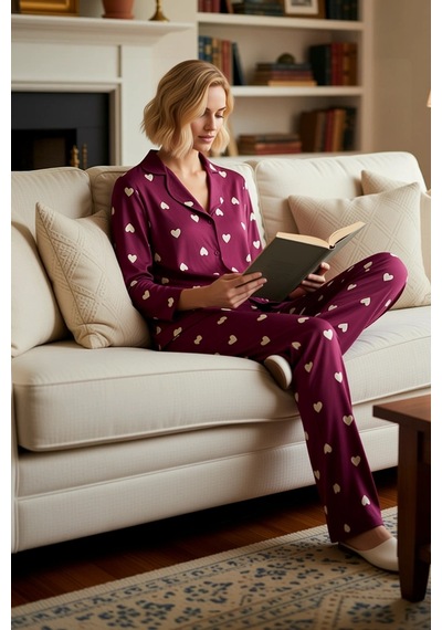 Benerly Kadın Gömlek Yaka Standart Kol Regular Kalıp Pijama Takımı Fonksi Koyu Vişne