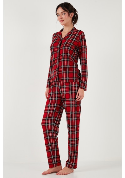Lela Streç Regular Fit Apaş Yaka Beli Lastikli Bayan Pijama Takımı 65720501 Kırmızı-Yeşil