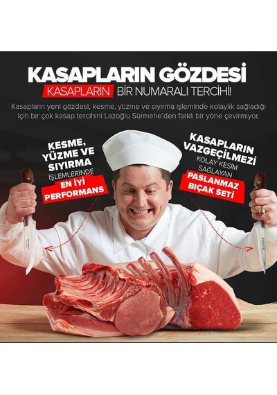 7 Parça Sürmene Kurban Kasap Seti - 3 Lü El Yapmı Sürmene Bıçak S Ahşap