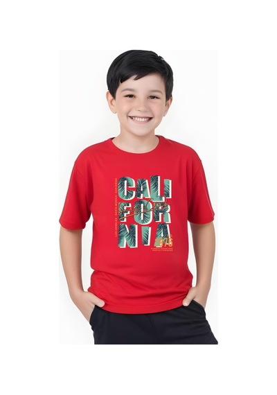 Panios Kids 1976 Cali Baskılı Erkek Çocuk Yuvarlak Yaka Kısa Kollu T-shirt Kırmızı