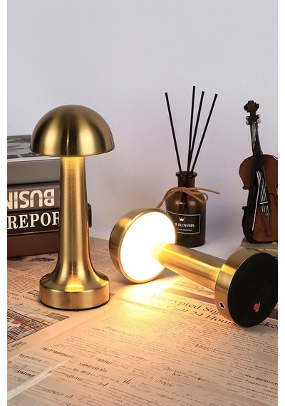 Mantar Masa Lambası Gold Renk Şarjlı Kablosuz Metal Masa Lambası, Dokunmatik Led Başucu Lambası