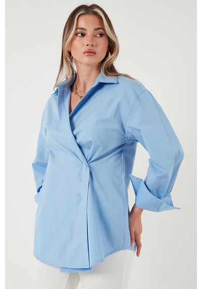 Lela Regular Fit Klasik Yaka Bağlamalı Uzun Kollu Bayan Gömlek 6834987 Mavi