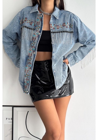 Femelle Kadın Çıtçıt Düğmeli Taş Püsküllü Komple Nakış İşlemeli Denim Ceket mavi