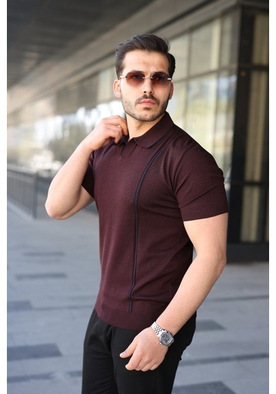 Erkek Çizgi Detaylı Yakalı Triko Tişört Koyu Bordo