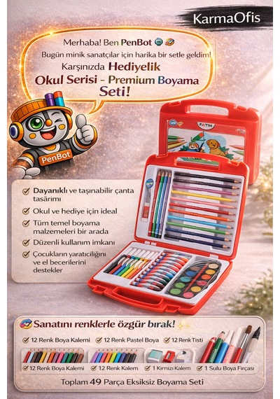 Hediyelik Okul Serisi 49 Parça Boyama Seti Çantalı Sulu Boya, Pastel, Keçeli Ve Kuru Boya Seti