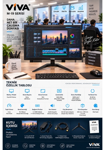 M-19 Premium 19 Led Monitör Ultra Parlak Ekran, Dahili Hoparlör, Hdmı & Vga