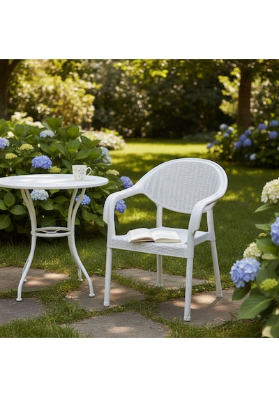 4 Adet Bambu Plastik Rattan Bahçe Balkon Teras Sandalyesi Gizli Metal Profil Ayaklı Kollu Sandalye Beyaz