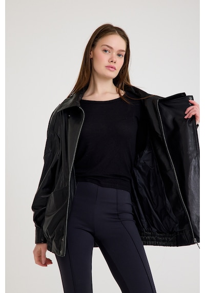 Oversize Bayan Deri Ceket Vb-20-bk-2847-24116 Siyah