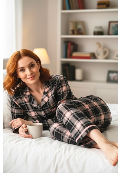 Süet Gömlek Pijama Takımı 7105 Ekoseli Antrasit Antrasit