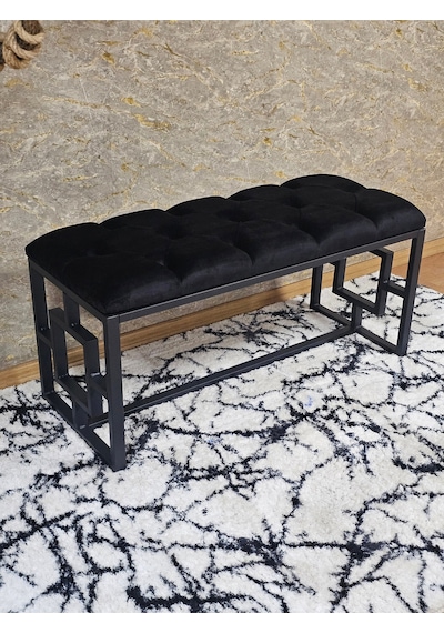 Zafir Siyah Boyalı İçi Kareli Diktörtgen 100 Cm X 40 Cm Oturak Puf - Bench - Makyaj Oturağı - Oturak Siyah
