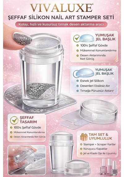 Lexroo Şeffaf Silikon Nail Art Stamper Seti, Jelly Nail Stamp, Scraper Kit