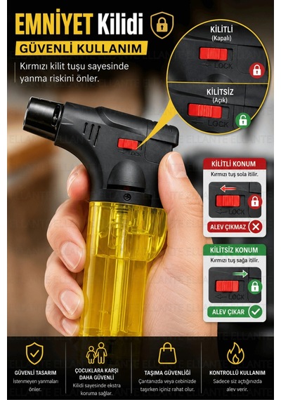 Pürmüz Çakmak Ayarlanabilir Alevli Emniyet Kilitli Şeffaf Gaz Hazneli Kompakt Mutfak Kamp Çakmağı Çok Renkli