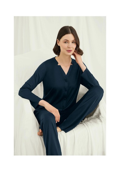 L'ombre Uzun Kollu Boydan Düğmeli V Yaka Pijama Takımı Gece Mavisi