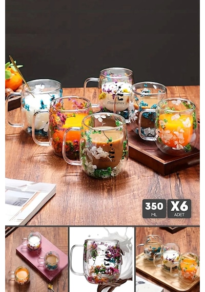6'lı Çift Çidarlı Flower Cup Çiçekli El Yapımı Borosilikat Bardak 350 Ml Kulplu Kahve Sunum Bardağı Çiçekli
