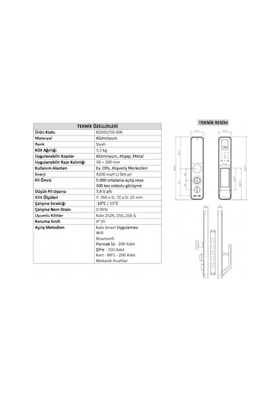 Kale Kd050/50-400 Akıllı Elektronik Kapı Kilidi Motorlu, Kameralı, Wifi Ve Parmak İzi Okuyuculu