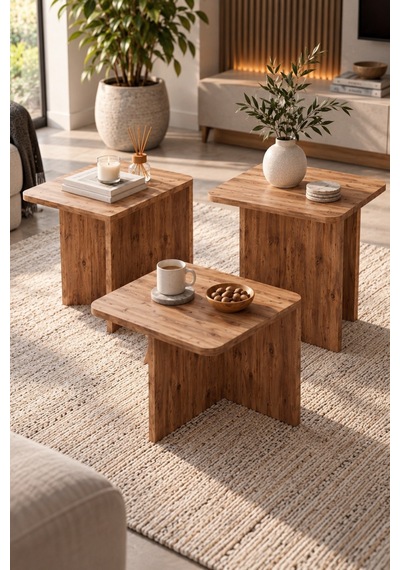 Sulorahome 3'lü Atlantik Çam Desenli Modern Orta Sehpa Seti
