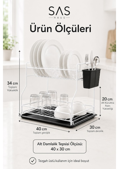 Sas Haus   2 Katlı Metal Bulaşıklık Kaşıklıklı Ve Damlalıklı Tezgâh Üstü Bulaşık Kurutmalık Dtb-02 Beyaz