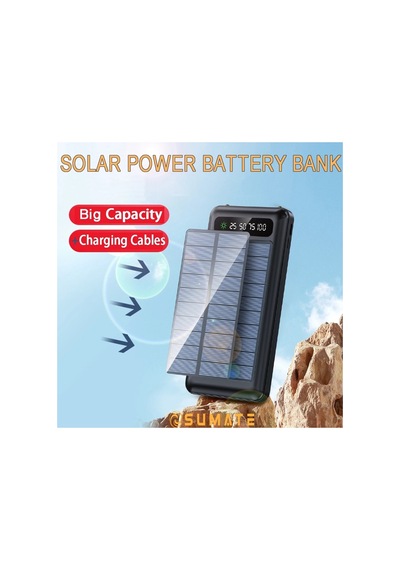 20000 Mah Solar Powerbank Güneş Enerjili Usb Çıkışlı Kablolu Led Işıklı Taşınabilir Şarj siyah