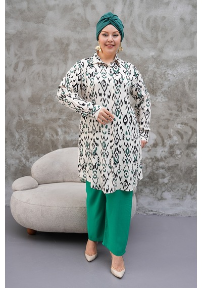 Polologin Butik Krem Rengi Motifli Uzun Tunik Krem