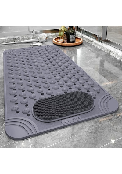 Antrasit Gri Kaymaz Banyo Paspası - 35x69 Cm Vantuzlu Duş Matı, Ayak Masajlı Ve Temizleme Dokulu, Antibakteriyel Ve Genel