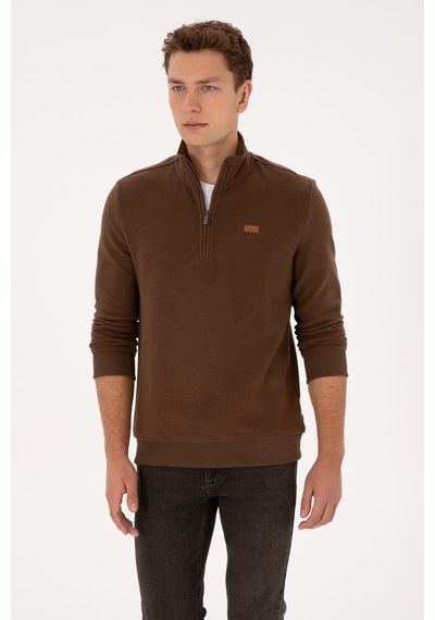 U.S. Polo Assn. Erkek Regular Fit Yarım Fermuarlı Kahverengi Basic Sweatshirt 50313802-VR029