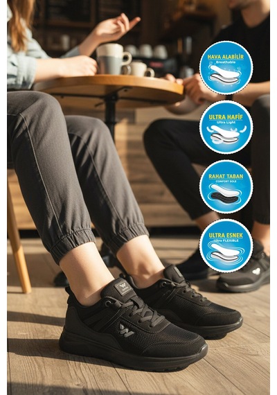 Walkway Siyah Fileli Hafif Bağcıklı Unisex Spor Ayakkabı 7001 Omina G